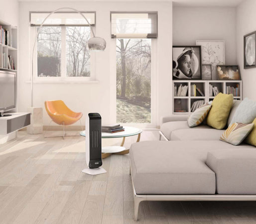 De'Longhi Termoventilatore a torre in ceramica, riscaldamento rapido con 2 livelli di potenza, telecomando 2000W