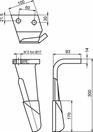 Dente per erpice lunghezza 300mm larghezza 100mm interasse 66mm Confezione da 1pz