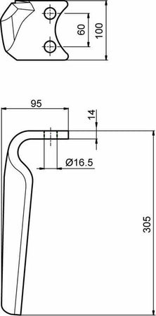 Dente per erpice lunghezza 305mm interasse fori 60mm Confezione da 1pz