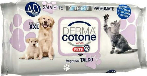 Dermacotone-SALVIETTINE-PETS-400-PEZZI-TALCO-per-cani,-gatti,-animali-da-compagnia,-casa-pulita,-igiene-animali,-pet-friendly,-aroma-talco-con-aloea