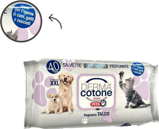 Dermacotone-SALVIETTINE-PETS-400-PEZZI-TALCO-per-cani,-gatti,-animali-da-compagnia,-casa-pulita,-igiene-animali,-pet-friendly,-aroma-talco-con-aloea
