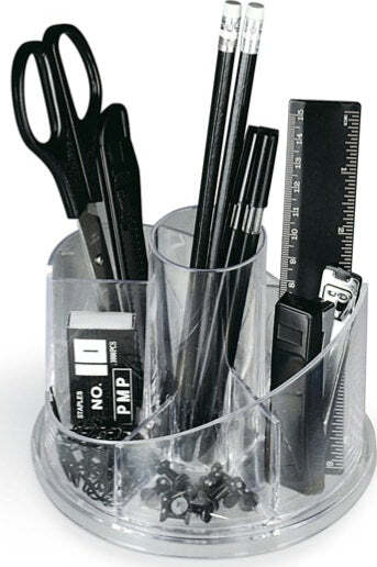 Desk set girevole portatutto - plexiglass - 13x16x12 cm - accessori inclusi - trasparente - Lebez Cancelleria e prodotti per ufficio/Archivio ufficio e accessori per scrivania/Accessori da scrivania e archiviazione/Vaschette portacorrispondenza Eurocartuccia - Pavullo, Commerciovirtuoso.it