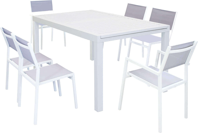 DEXTER---set-tavolo-160/240x90-struttura-e-piano-in-alluminio-compreso-di-6-sedute-Bianco-Milani-Home