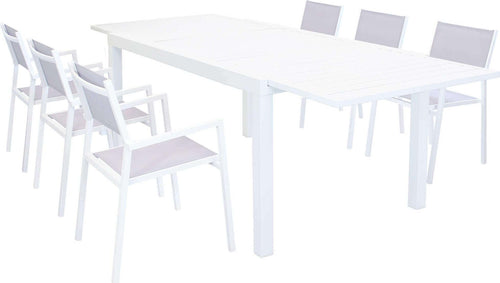 DEXTER---set-tavolo-160/240x90-struttura-e-piano-in-alluminio-compreso-di-6-sedute-Bianco-Milani-Home