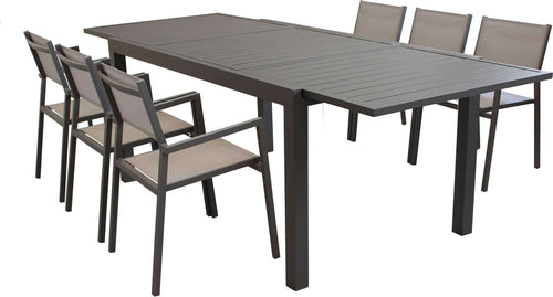 DEXTER---set-tavolo-160/240x90-struttura-e-piano-in-alluminio-compreso-di-6-sedute-Taupe-Milani-Home