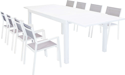 DEXTER---set-tavolo-160/240x90-struttura-e-piano-in-alluminio-compreso-di-8-sedute-Bianco-Milani-Home