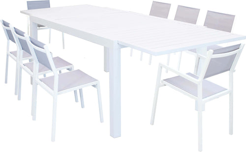 DEXTER---set-tavolo-160/240x90-struttura-e-piano-in-alluminio-compreso-di-8-sedute-Bianco-Milani-Home