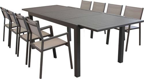 DEXTER---set-tavolo-160/240x90-struttura-e-piano-in-alluminio-compreso-di-8-sedute-Taupe-Milani-Home