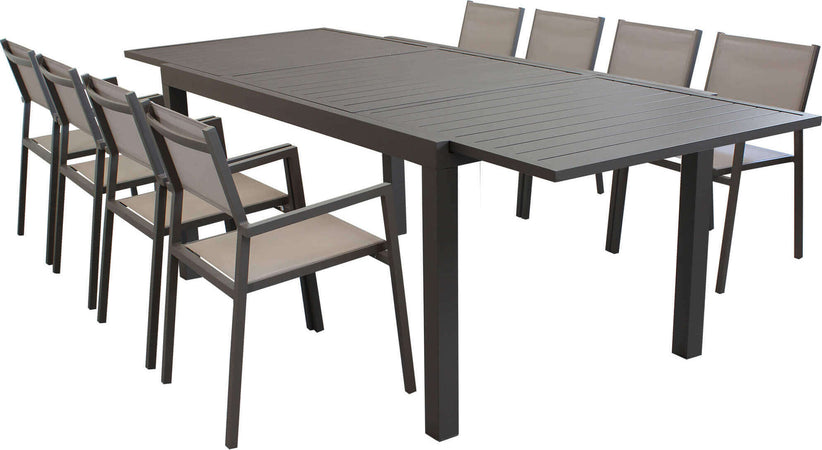 DEXTER---set-tavolo-160/240x90-struttura-e-piano-in-alluminio-compreso-di-8-sedute-Taupe-Milani-Home