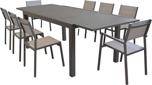 DEXTER---set-tavolo-160/240x90-struttura-e-piano-in-alluminio-compreso-di-8-sedute-Taupe-Milani-Home