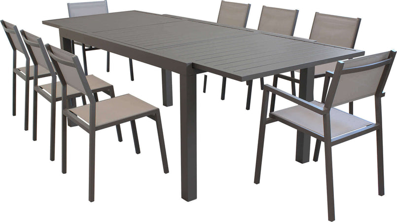 DEXTER---set-tavolo-160/240x90-struttura-e-piano-in-alluminio-compreso-di-8-sedute-Taupe-Milani-Home