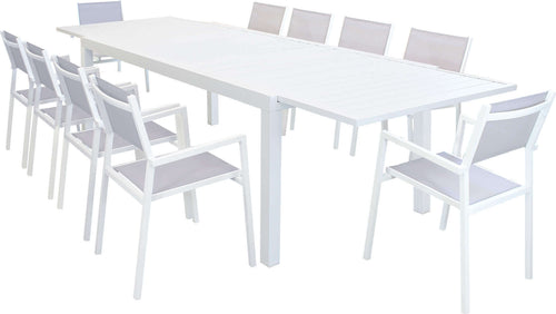 DEXTER---set-tavolo-200/300x100-struttura-e-piano-in-alluminio-compreso-di-10-sedute-Bianco-Milani-Home
