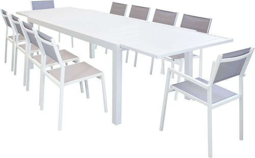 DEXTER---set-tavolo-200/300x100-struttura-e-piano-in-alluminio-compreso-di-10-sedute-Bianco-Milani-Home