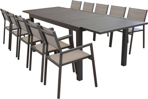 DEXTER---set-tavolo-200/300x100-struttura-e-piano-in-alluminio-compreso-di-10-sedute-Taupe-Milani-Home