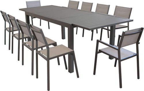 DEXTER---set-tavolo-200/300x100-struttura-e-piano-in-alluminio-compreso-di-10-sedute-Taupe-Milani-Home