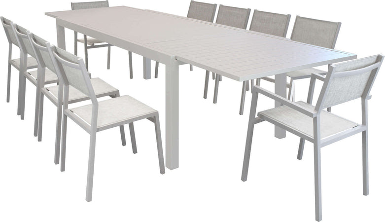 DEXTER---set-tavolo-200/300x100-struttura-e-piano-in-alluminio-compreso-di-10-sedute-Tortora-Milani-Home