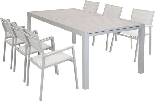 DEXTER---set-tavolo-200/300x100-struttura-e-piano-in-alluminio-compreso-di-6-sedute-Tortora-Milani-Home