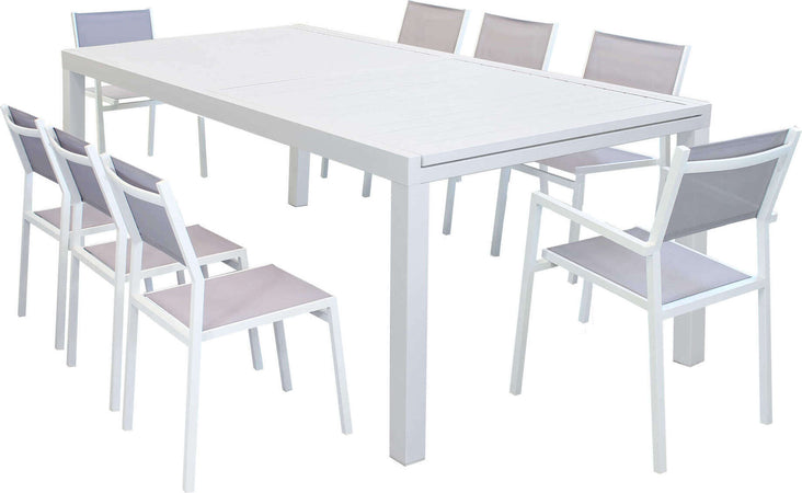 DEXTER---set-tavolo-200/300x100-struttura-e-piano-in-alluminio-compreso-di-8-sedute-Bianco-Milani-Home