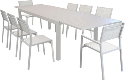 DEXTER---set-tavolo-200/300x100-struttura-e-piano-in-alluminio-compreso-di-8-sedute-Tortora-Milani-Home