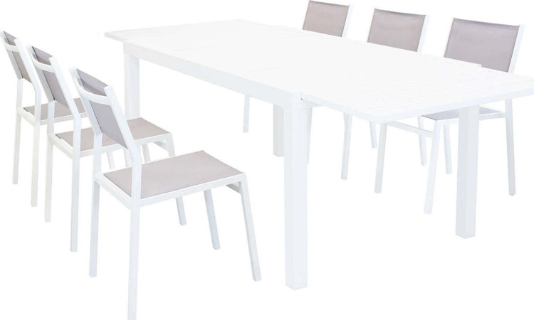 DEXTER---set-tavolo-giardino-rettangolare-allungabile-160/240x90-con-6-sedie-in-alluminio-bianco-e-textilene-da-esterno-Bianco-Milani-Home