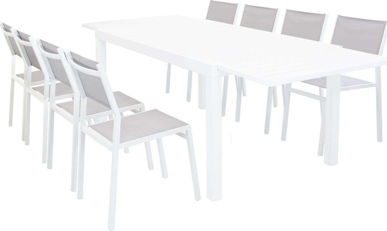 DEXTER---set-tavolo-giardino-rettangolare-allungabile-160/240x90-con-8-sedie-in-alluminio-bianco-e-textilene-da-esterno-Bianco-Milani-Home