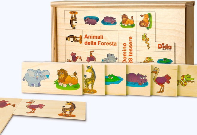Dida - Domino Animali della Foresta - Domino in Legno per Bambini Gioco da Tavolo composto da 28 Grandi Tessere Decorate in Scatola di Legno Gioco Educativo che Stimola le Capacitò di Associazione Concentrazione e l'Apprendimento delle Regole