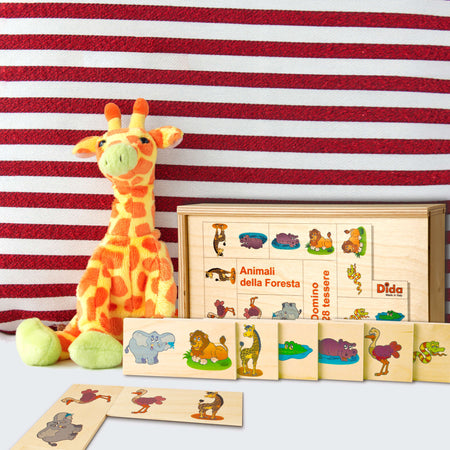 Dida - Domino Animali della Foresta - Domino in Legno per Bambini Gioco da Tavolo composto da 28 Grandi Tessere Decorate in Scatola di Legno Gioco Educativo che Stimola le Capacitò di Associazione Concentrazione e l'Apprendimento delle Regole