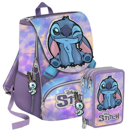 Disney Zaino Scuola Estensibile Stitch + Astuccio Triplo Completo