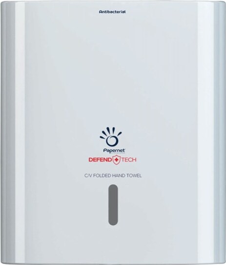Dispenser antibatterico Defend Tech - per asciugamani piegati a C-V - Papernet Commercio Industria e Scienza/Forniture sanitarie e igieniche/Accessori e sanitari bagno/Supporti per asciugamani di carta commerciali Eurocartuccia - Pavullo, Commerciovirtuoso.it