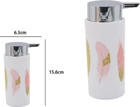 Dispenser-Porta-Sapone-Liquido-Cilindrico-Piume-Bianco-In-Plastica-15,6cm-69798