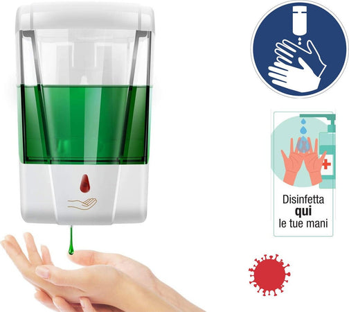 Dispenser Sapone Gel Disinfettante Automatico 700ml Regolabile a Batteria Touchless a parete casa ufficio ingresso Sanificazione mani