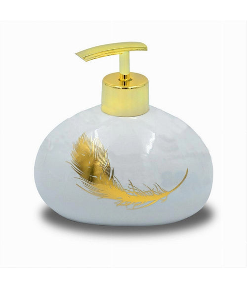 Dispenser Sapone Liquido In Ceramica Bianca Decorato Con Piuma Oro Bagno 59894