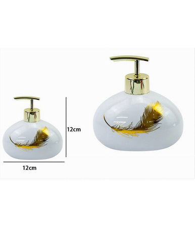 Dispenser Sapone Liquido In Ceramica Bianca Decorato Con Piuma Oro Bagno 59894