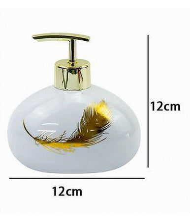 Dispenser Sapone Liquido In Ceramica Bianca Decorato Con Piuma Oro Bagno 59894
