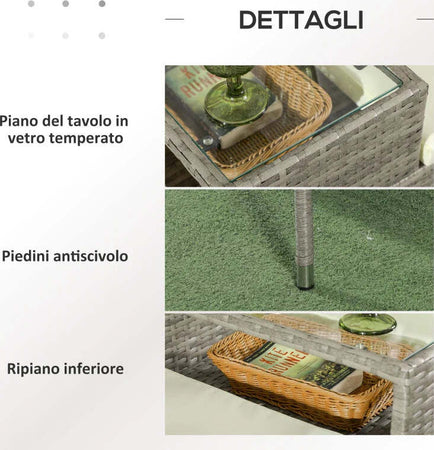 Divanetto-per-Esterni-2-Posti-con-Tavolino-da-Caffè,-in-Acciaio-e-Rattan-PE,-137x59x82-cm,-Grigio-e-Crema-867-181V00GG