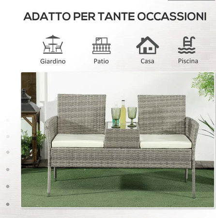 Divanetto-per-Esterni-2-Posti-con-Tavolino-da-Caffè,-in-Acciaio-e-Rattan-PE,-137x59x82-cm,-Grigio-e-Crema-867-181V00GG
