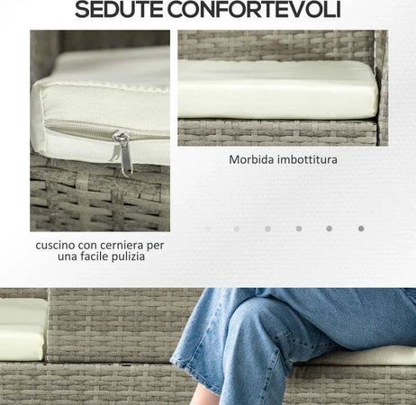 Divanetto-per-Esterni-2-Posti-con-Tavolino-da-Caffè,-in-Acciaio-e-Rattan-PE,-137x59x82-cm,-Grigio-e-Crema-867-181V00GG