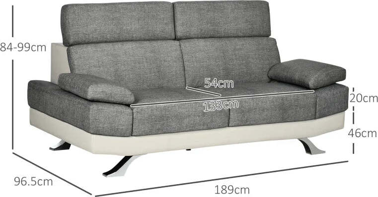 Divano-2-Posti-in-Finta-Pelle-PU-con-Poggiatesta-Regolabile-su-5-Livelli,-189x96.5x84cm,-Grigio-2ID839-612V00GYD22