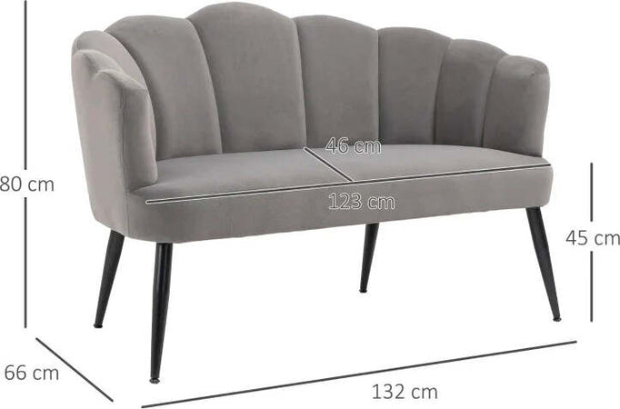 Divano-2-Posti-in-Velluto-con-Gambe-in-Metallo-e-Schienale-a-Conchiglia,-132x66x80cm,-Grigio-RF2839-483V00CGHG2