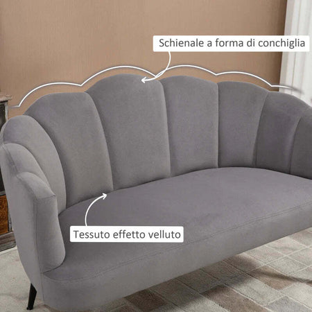 Divano-2-Posti-in-Velluto-con-Gambe-in-Metallo-e-Schienale-a-Conchiglia,-132x66x80cm,-Grigio-RF2839-483V00CGHG2