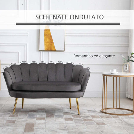 Divano-2-Posti-in-Velluto-e-Gambe-in-Metallo,-Arredamento-Vintage-Casa-e-Ufficio,-133x63x75cm-Grigio-soggiorno-salotto-studio-ingresso-F839-002A
