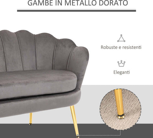 Divano-2-Posti-in-Velluto-e-Gambe-in-Metallo,-Arredamento-Vintage-Casa-e-Ufficio,-133x63x75cm-Grigio-soggiorno-salotto-studio-ingresso-F839-002A