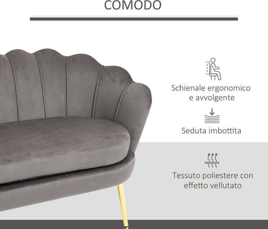 Divano-2-Posti-in-Velluto-e-Gambe-in-Metallo,-Arredamento-Vintage-Casa-e-Ufficio,-133x63x75cm-Grigio-soggiorno-salotto-studio-ingresso-F839-002A