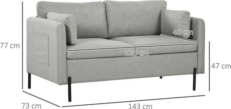 Divano-2-Posti-per-Soggiorno-in-Tessuto-Effetto-Lino-e-Acciaio-con-Tasche-Laterali,-143x73x77cm,-Grigio-TY2839-727V00LGFR2