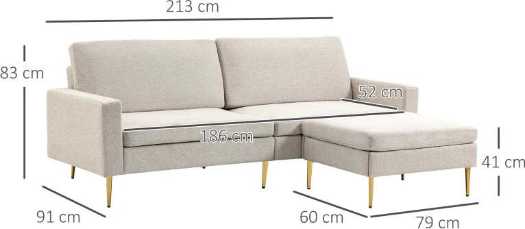 Divano-Letto-3-Posti-in-Tessuto-con-Poggiapiedi-e-Schienale-a-5-Reclinazioni,-213x91x83cm,-Crema-839-831V80CW