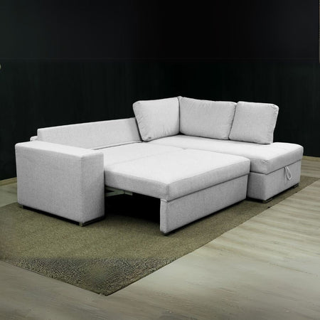 Divano letto angolare Bali con penisola contenitore in tessuto Neve 80 light grey
