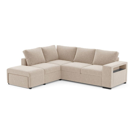 Divano letto angolare reversibile Jozzis con vano contenitore e pouf in tessuto Dubai G0741 sabbia