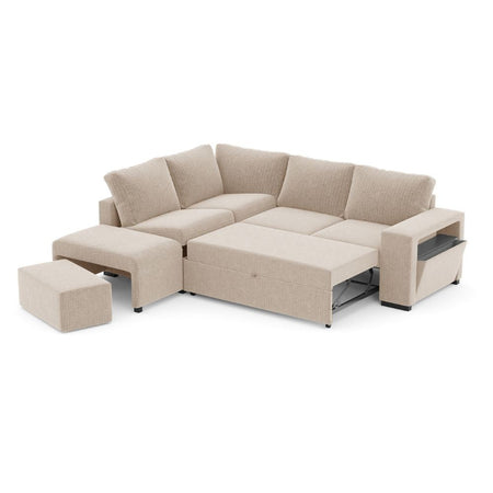 Divano letto angolare reversibile Jozzis con vano contenitore e pouf in tessuto Dubai G0741 sabbia