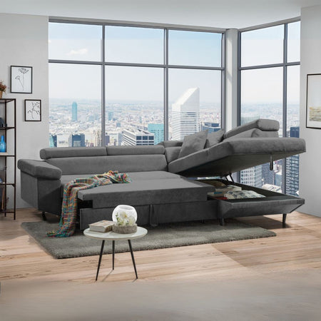 Divano letto Denver con penisola contenitore destra in Degas 92 grigio
