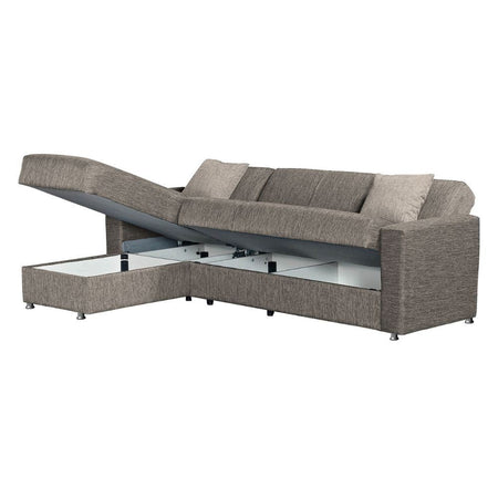 Divano letto Dugo con penisola contenitore reversibile in tessuto Mina 07 tortora e piedini cromo